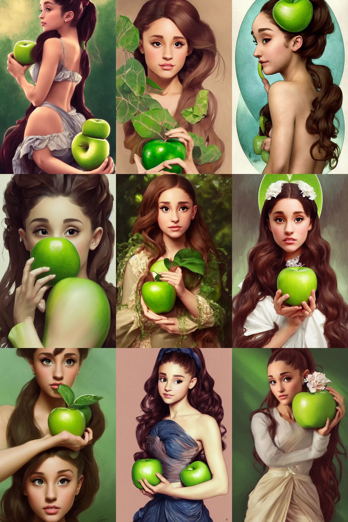 Prompt: beautiful cottagecore Ariana Grande holding a Green Apple, intricate, elegant, highly detailed, digital painting, artstation, concept art, smooth, sharp, focus, illustration, art by artgerm and greg rutkowski and alphonse mucha