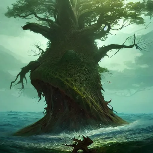 Image similar to a fish in the shape of an ent, in a sea, by greg rutkowski, trending on art station, highly detailed, magic the gathering, matte painting