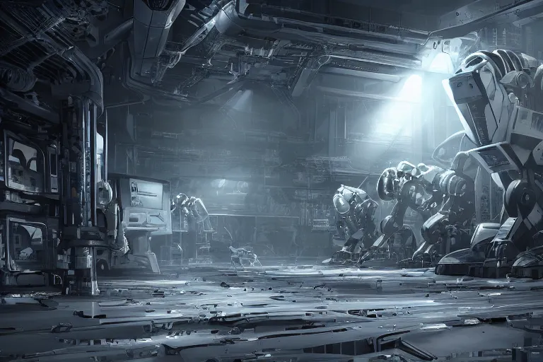 Prompt: robosaurus parallax datacenter server room interior single mono colossus white rusty robot sitting artstation cinematic detailed concept art volumetric light sharp coherent cgsociety symmetric perfect well balanced shadows lotr servers