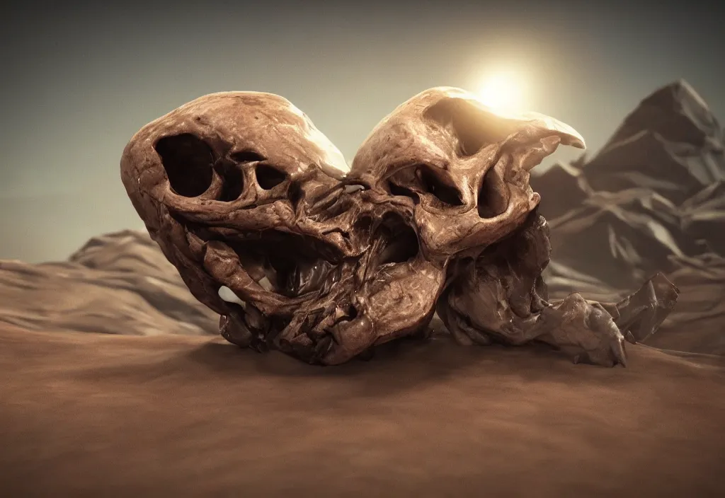 Image similar to eldritch animal alien skull in a dessert in mars, cinematic lighting, octane tender, volumetric light, dark - art