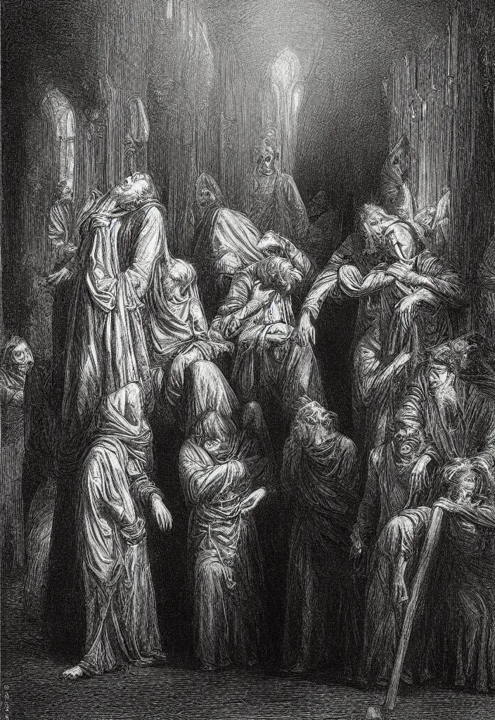 Image similar to drunken priests, creepy atmosphere, dark, portrait, very realistic, illustration by gustave dore