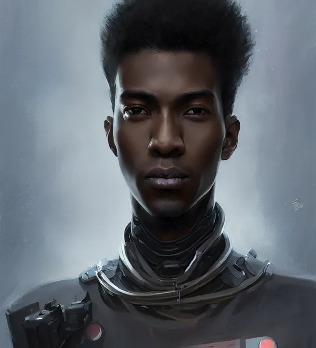 Image similar to portrait of a man by greg rutkowski, he is about 2 5 years old, mixture between afroamerican and japanese, afro hair, geisha tatoos, very tall and slender, he is wearing a futuristic police gear, highly detailed portrait, digital painting, artstation, concept art, smooth, sharp foccus illustration, artstation hq