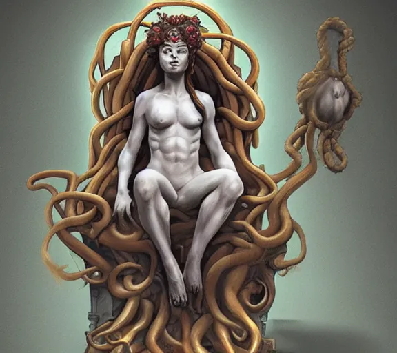 Image similar to medusa on a throne. trending on artstation.