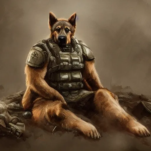 Image similar to a wounded humanoid german shepherd beast - man in military style, sitting on the carpeted floor beside a bed, highly detailed portrait, digital painting, artstation, concept art, smooth, sharp foccus ilustration, artstation