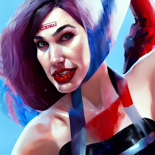 Image similar to a potrait of face of gal gadot as Harley Quinn, by Stanley Artgerm Lau, WLOP, Rossdraws, James Jean, Andrei Riabovitchev, Marc Simonetti, Yoshitaka Amano, ArtStation, CGSociety, Full body shot
