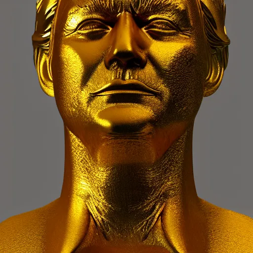 Prompt: melting gold bust of donald john trump, his face melting with molten metal drips, golden lava, ground angle, unreal engine octane render, uhd 8 k, sharp focus