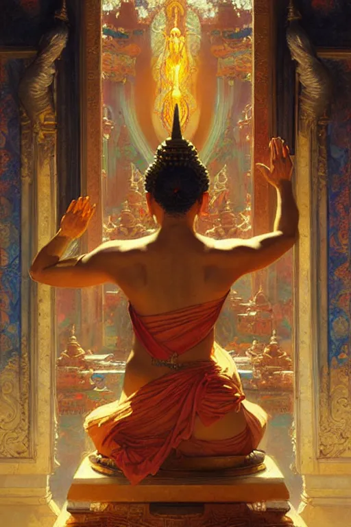 Image similar to buddhism, temple, futurism, painting by gaston bussiere, greg rutkowski, j. c. leyendecker, artgerm