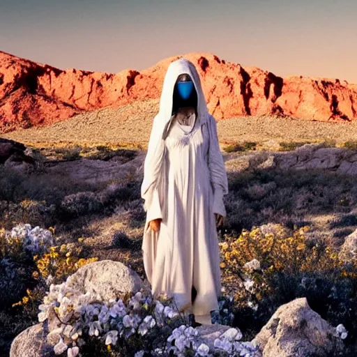 Prompt: The full body shot of beautiful pale woman with white flowers and full-face golden mask in a rocky desert landscape, multiple eyes by Denis Villeneuve, Lubezki, Gaspar Noe and Christopher Doyle, anamorphic lens, anamorphic lens flares, kodakchrome, cinematic composition, practical effects, award winning photo, 8k,