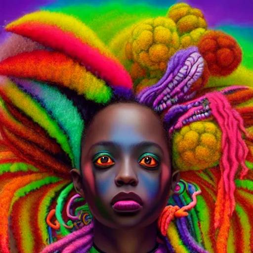 Image similar to a wide angle shot of a black girl with colorful dreadlocks in a field of candy, by Adi granov and afarin sajedi and amanda sage and evgeni gordiets and Agostino Arrivabene and adonna khare in a psychedelic portrait style, ultrarealistic matte painting, volumetric lighting, fractal, extremely symmetrical, highly detailed face, orisha, 8k, hd