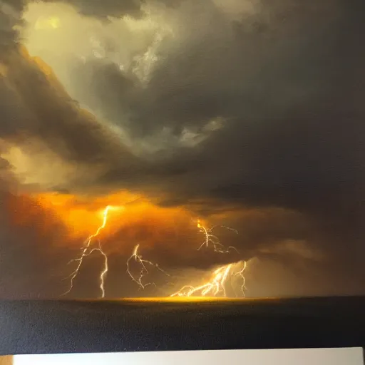 Image similar to thunderstorm with lots of lightning, oil painting