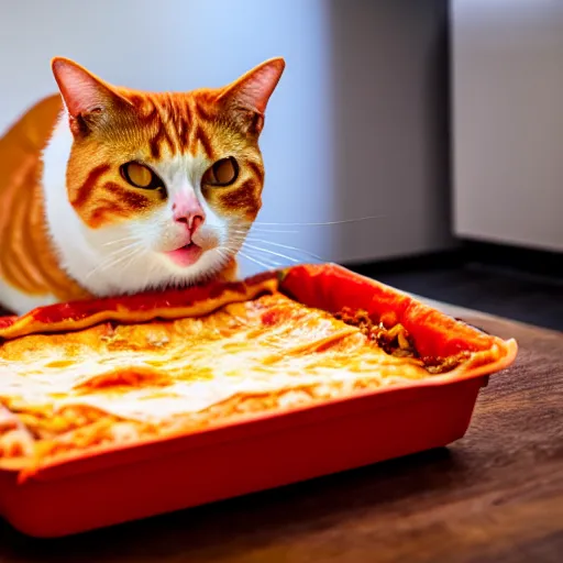 Prompt: an obese orange tabby cat eating lasagna on monday, photo, 8 k