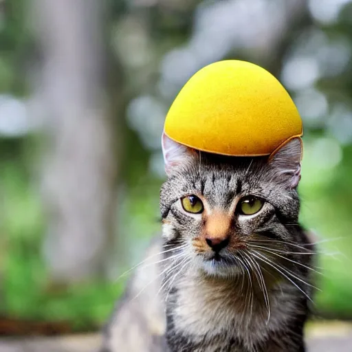 Image similar to a small domestic housecat with a golden mushroom growing atop its head