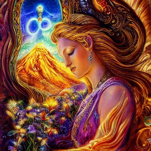 Image similar to goddess by josephine wall, sitting on flying golden ram, checking her phone, erupting volcano in distance, flowers in foreground, sun setting on right side of image, stars in sky on left side of image, trending on artstation, fantasy, intricately detailed