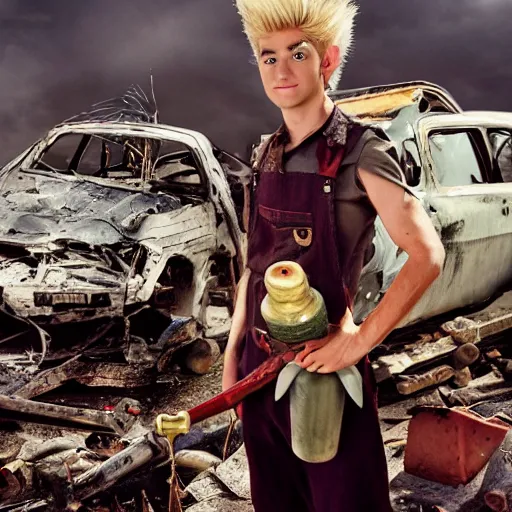 Image similar to a skinny high-fantasy elf with a long face narrow chin and spiky blonde hair wearing dark brown overalls and holding a bomb next to a destroyed car, gel spiked hair, high resolution film still, HDR color