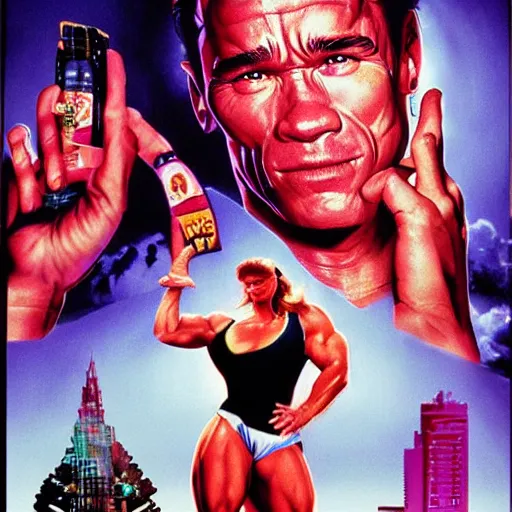 Prompt: vaporwave stylized movie poster by Drew Struzan for the movie 'Breakfast' staring Arnold Schwarzenegger, released in 1986