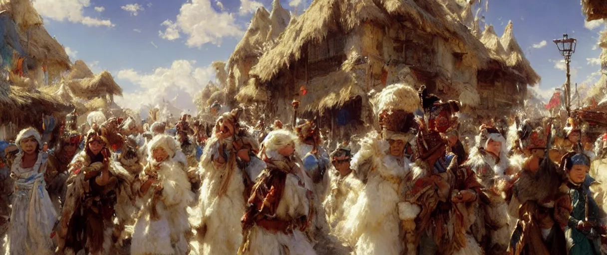 Prompt: cloud tribe villagers celebrating in the streets of their mountain village, white fluffy clothes, cumulus clouds, fantasy splash art by gaston bussiere, craig mullins