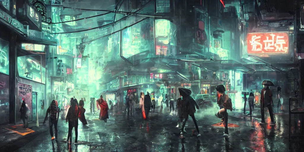 Image similar to teenagers with tech clothing and hoods and futuristic gas masks painting giant graffitis on the walls of a dystopian city, neon lights, sci - fi, night lights, rain and haze, concept art, intricate, photorealistic, in the style of katsuhiro otomo, akira, octane render, rtx, hdr, unreal engine