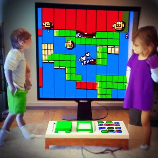 Image similar to “Mario playing Super Mario on a large flat screen TV, digital art, touching, soft shadows, pop art, unreal engine”
