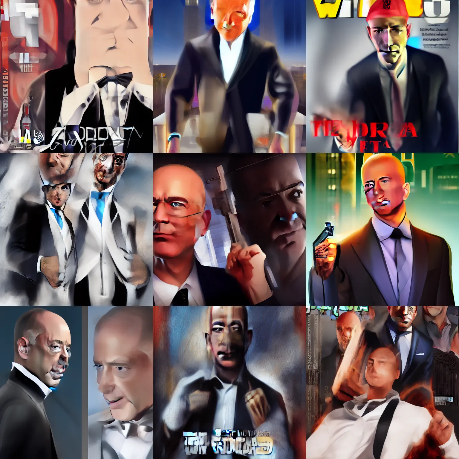 Prompt: Jeff Bezos CEO in Tuxedo GTA V cover, Ultra HD 4K art