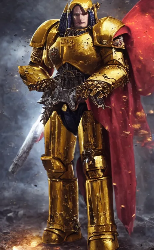 Image similar to angry Henry Cavill as warhammer 40k God-Emperor of Mankind dressed in his glowing golden power armor. full-length portrait, beautiful face, long hair, painted by Donato Giancarlo, intricate fine armor rune details, cinematic, highly detailed, octane render