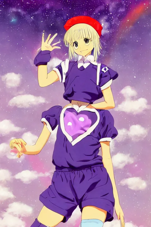 Prompt: Anime Concept Art of A happy teenage girl posing with short blond hair and freckles wearing a purple Beret, Purple overall shorts, jester shoes, and white leggings covered in stars. Surrounded by clouds and the night sky. Rainbow accents on outfit. By Rumiko Takahashi. By Naoko Takeuchi. By CLAMP . By WLOP.