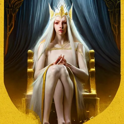 Image similar to tall elven queen sitting on the throne, full body, long white hair, pale skin, golden coloured eyes, stunning 3 d render inspired art by greg rutkowski and xiang duan and thomas eakes, realistic, highly detailed attributes and atmosphere, dim volumetric cinematic lighting, 8 k octane detailed render, post - processing, masterpiece,