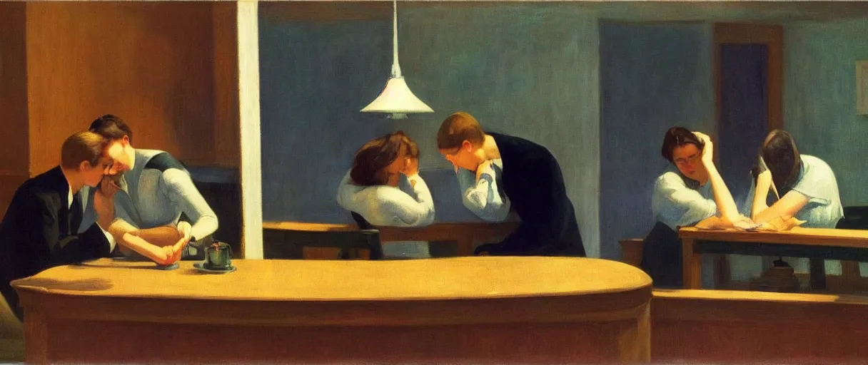 Image similar to three cups only do i propose for sensible men. one for health, the second for love and pleasure, the third for sleep ; when these have been drunk up, wise guests make for home, in the style of a beautiful edward hopper painting