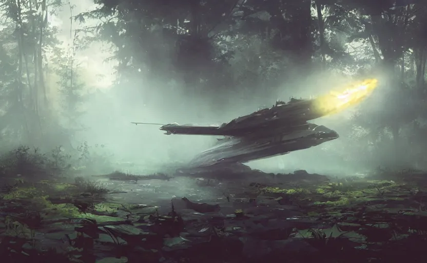 Image similar to a fighter design spaceship on fire crashed in a swamp forest, on the ground, smoke, smoke, cloudy air. Atmospheric lighting, overgrowth. By Makoto Shinkai, Stanley Artgerm Lau, WLOP, Rossdraws, James Jean, Andrei Riabovitchev, Marc Simonetti, krenz cushart, Sakimichan, trending on ArtStation, digital art.