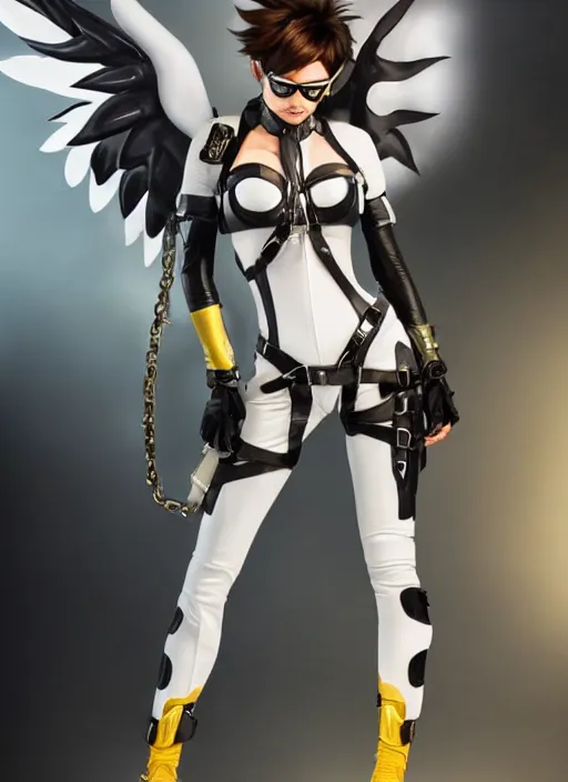 Image similar to full body artwork of tracer overwatch, wearing white latex and leather straps catsuit outfit, in style of mark arian, angel wings, dramatic painting, wearing detailed leather collar, chains, black harness, detailed face and eyes,