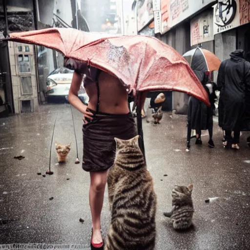 Prompt: pyramid head from silent hill petting a group of kittens in the rainy streets of Tokyo