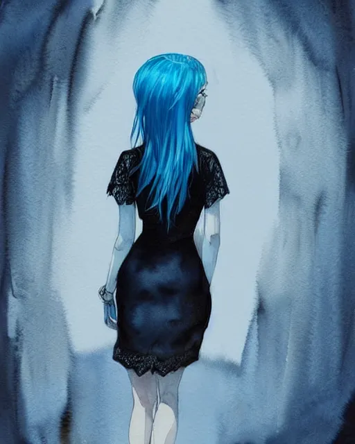 Prompt: watercolor painting of a pretty girl with Blue hair, wearing a Black lace dress, night city. In the style of ilya kuvshinov, dramatic lighting, fantasy, intricate, elegant, highly detailed, lifelike, photorealistic, digital painting, bokeh, HDR, high resolution, artstation, concept art, smooth, sharp focus, art by Krenz Cushart and Albert Aublet