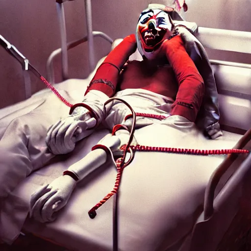 Image similar to crazy clown lying in hospital bed with wrist restraints on, restraints straps attached to hospital bed siderails, greg rutkowski, photograph, 8 k