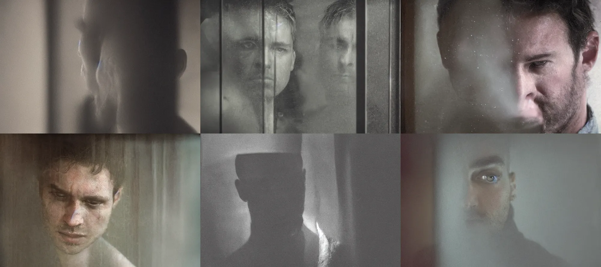 Prompt: a cinematic!! headshot photograph!! of a male, looking through frosted glass, dirt, film still, cinematic lighting, by bill henson, jeremy mann, greg rutkowski