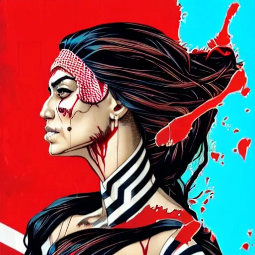 Image similar to a portrait of a saudi woman with side profile blood in ocean intricate details by MARVEL comics and Sandra Chevrier-C