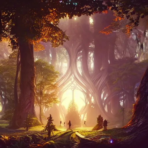 Prompt: incredible game level design, isometric view, lothlorien, trees, lights, fantasy, 8k, art by artgerm and greg rutkowski and alphonse mucha