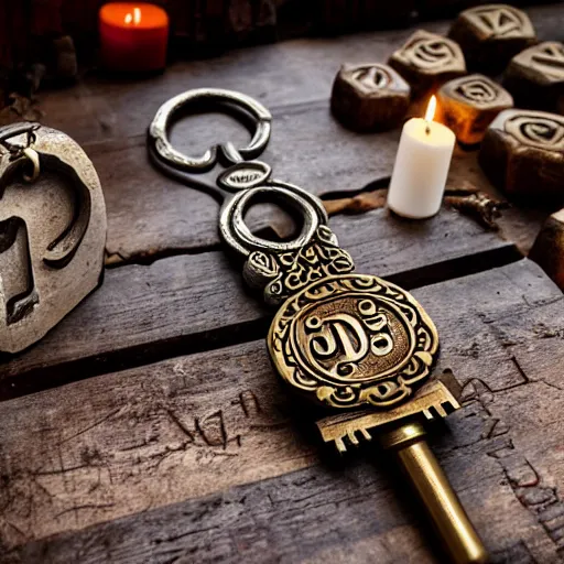 Prompt: a large ornate key with gems and engraved runes, next to a candle on a rough wooden dungeon table, very dark, candlelig, d & d, photo