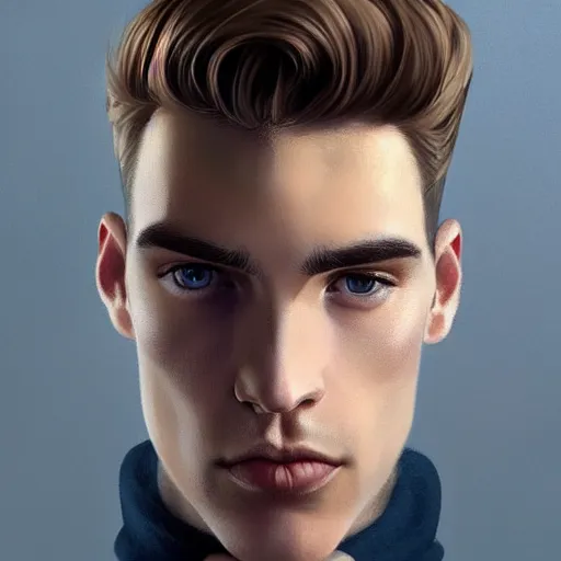 Image similar to tall man in his twenties with brown blond short quiff hair and thin slightly round facial structure with cleft chin, straight eyebrows and prominent bumpy nose, good definition of cheekbones, big hazel nut brown eyes, narrow face, slim body, atmospheric lighting, painted, intricate, 4 k, highly detailed by charlie bowater