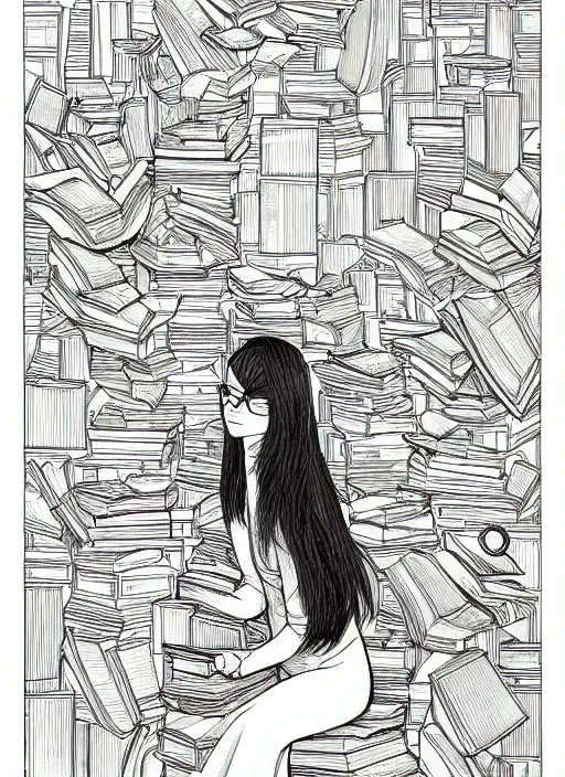 Prompt: clean simple line art of a woman with light brown hair and glasses sitting on a tall pile of books. well composed, clean coloring book page, beautiful detailed face. coloring book line art by greg rutkowski and johanna basford
