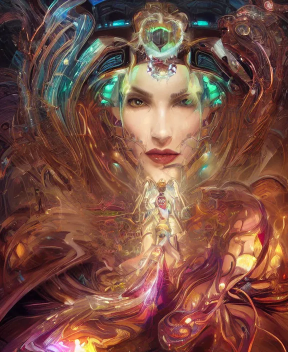 Image similar to a whirlwind of souls rushing inside the metaverse, half body, glowin eyes, tiara with sapphire, pharaoh, android, cyberpunk, d & d, fantasy, intricate, elegant, highly detailed, colorful, vivid color, digital painting, artstation, concept art, art by artgerm and greg rutkowski and alphonse mucha and ruan jia