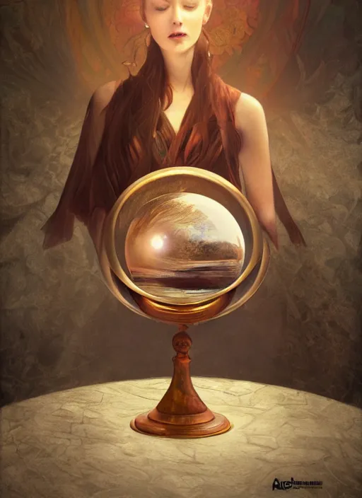 Image similar to crystal ball on a large wood stand with a beautiful dreamscape inside, studio product photography, centered, super highly detailed, professional digital painting, artstation, concept art, smooth, sharp focus, extreme illustration, unreal engine 5, photorealism, beautiful, cinematic, art by artgerm and rutkowski and alphonse mucha and loish and wlop