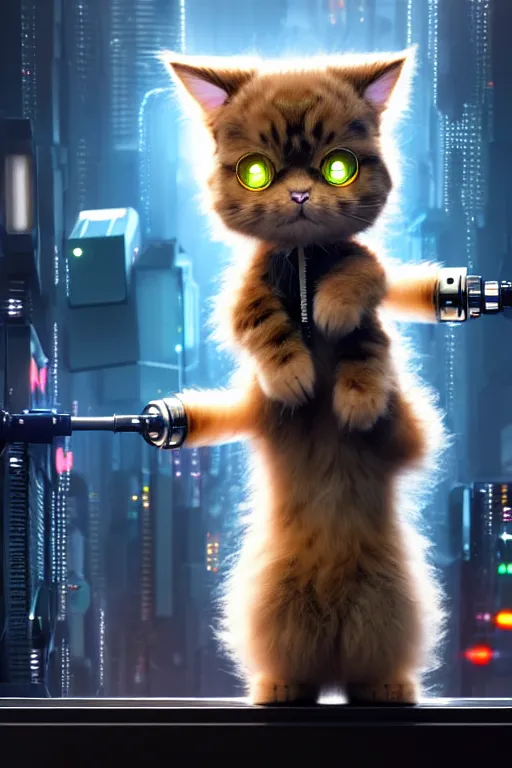 Image similar to high quality 3 d render very cute fluffy cyborg!! cat plays trumpet, cyberpunk highly detailed, unreal engine cinematic smooth, in the style of blade runner & detective pikachu, hannah yata charlie immer, moody light, low angle, uhd 8 k, sharp focus