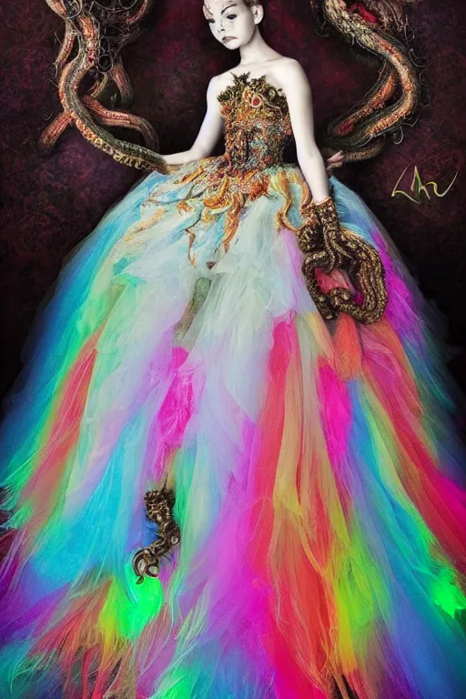 Image similar to A full body shot of a cute and mischievous young monster princess wearing an ornate gown. Covered in barnacles and tentacles. Dynamic Pose. Quinceanera dress. Rainbow palette. rainbowcore. Dramatic Lighting. Eldritch. defined facial features, symmetrical facial features. Opalescent surface. Emerging from the darkness. Elegant. By Ruan Jia and Artgerm and Range Murata and WLOP and Ross Tran and William-Adolphe Bouguereau. Key Art. realistic, Hyperdetailed. Fantasy Illustration. Masterpiece. artstation, award winning, sharp, details, HD, HDR, 4K, 8K.