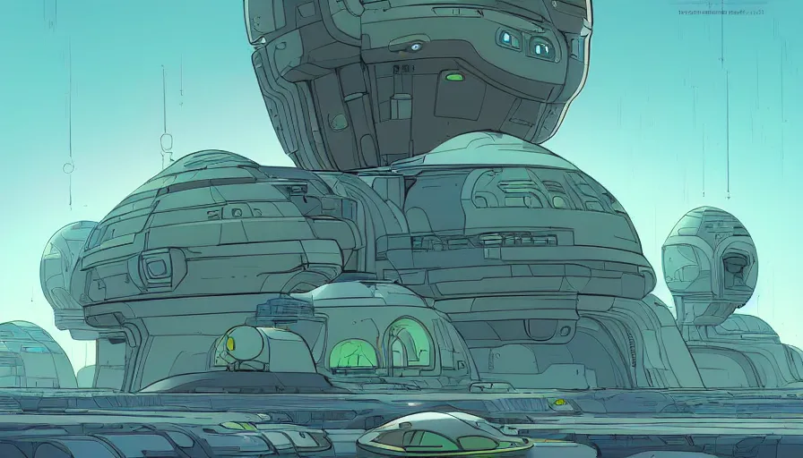 Prompt: futuristic alien outpost on a distant planet in style of moebius and cory loftis, very detailed, clean lines, atmospheric, vivid, wide angle