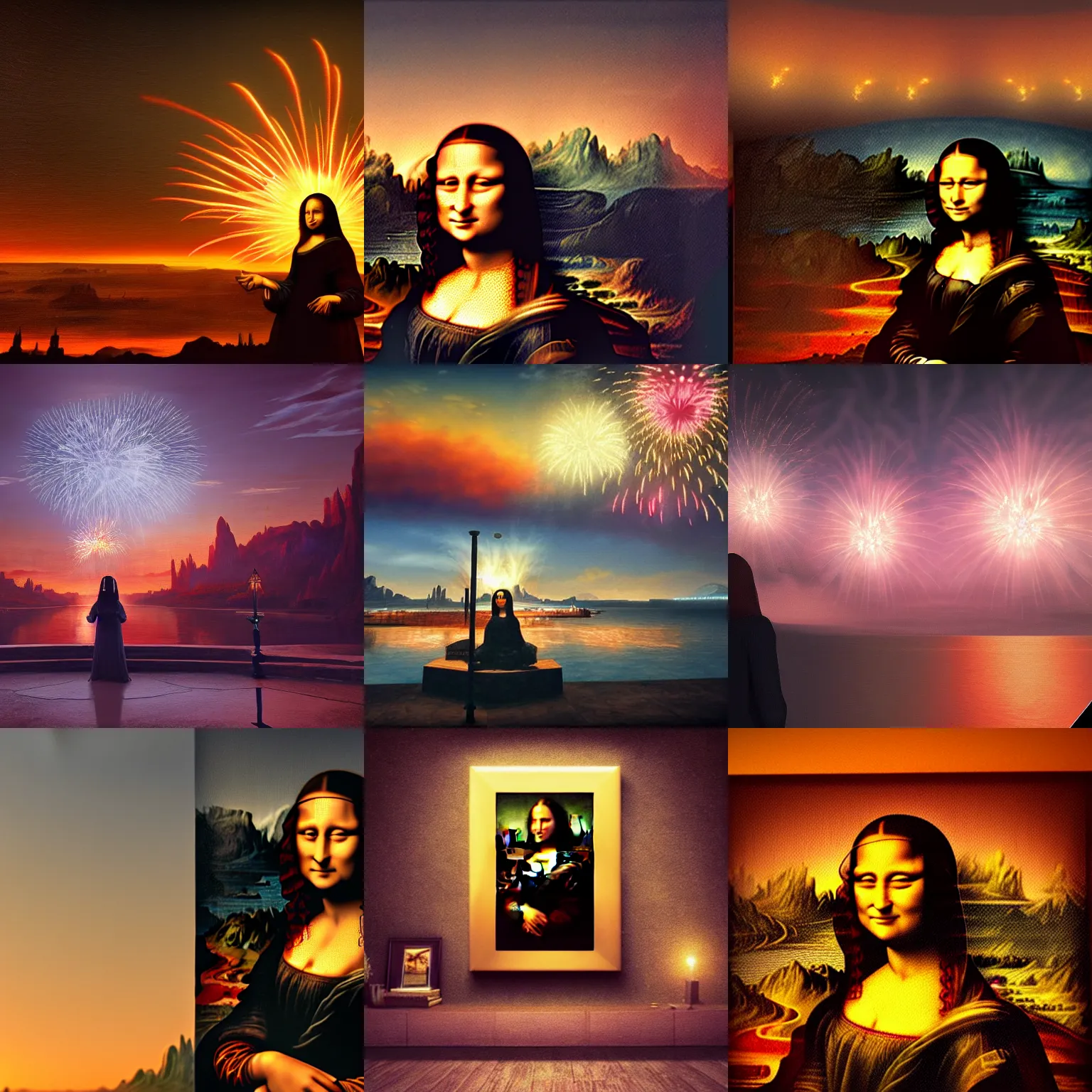 Prompt: Mona Lisa finish painting a stunning sunset with huge fireworks, atmospheric, surreal, stunning atmosphere, unreal engine, highly detailed