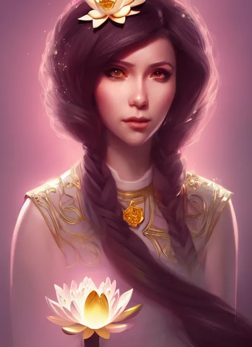 Image similar to female magician, wide angle view, lotus, flowers, gold, diamonds, highly detailed, artgerm, cushart krenz, artstation, soft light, sharp focus, illustration, character design, concept art