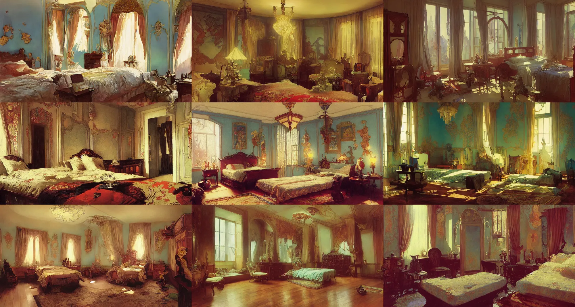 Prompt: bedroom, art nouveau architecture, art by joseph leyendecker, ivan aivazovsky, ruan jia, reza afshar, marc simonetti, alphonse mucha