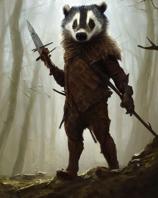 Image similar to oil painting of Anthropomorphized Badger, holding spear, wearing hunter coat, proud look, full body, sharp focus, fantasy style, octane render, volumetric lighting, 8k high definition, by greg rutkowski, highly detailed, trending on art Station, magic the gathering artwork, woodland backround