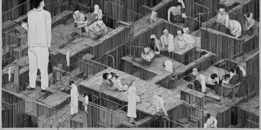 Image similar to a chinese prison by a river, in the style of junji ito, parts by edward hopper, parts by rodcenko, parts by yue minjun, parts by peter doig, intricate and epic composition, 4 k, very detailed, insanely quality, highly detailed, masterpiece, overlaid with chinese adverts