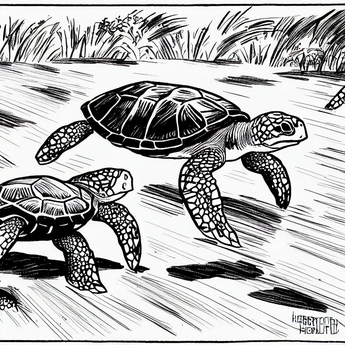 Image similar to a still frame from comic strip of a turtle running away 1 9 5 0, herluf bidstrup, new yorker illustration, monochrome contrast bw, lineart, manga, simplified