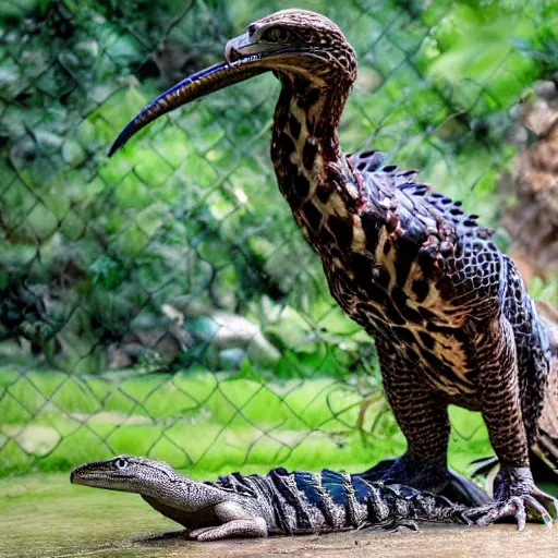 Image similar to hawk and alligator mutant animal,realistic, picture taken in zoo